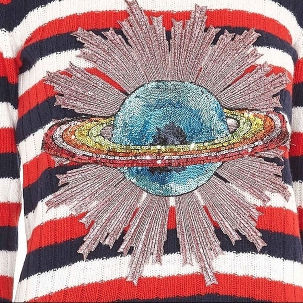 GUCCI MICHELE sweater 100% wool striped UFO sequins XL Women’s Designer 16 18 - Picture 5 of 10